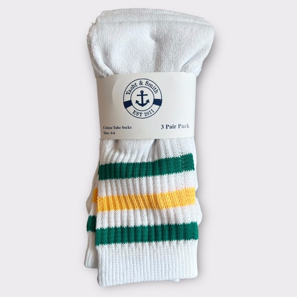 NWT Yacht & Smith 3 Pairs of Over the Calf Tube Socks Green White Yellow Stripes - Picture 5 of 5